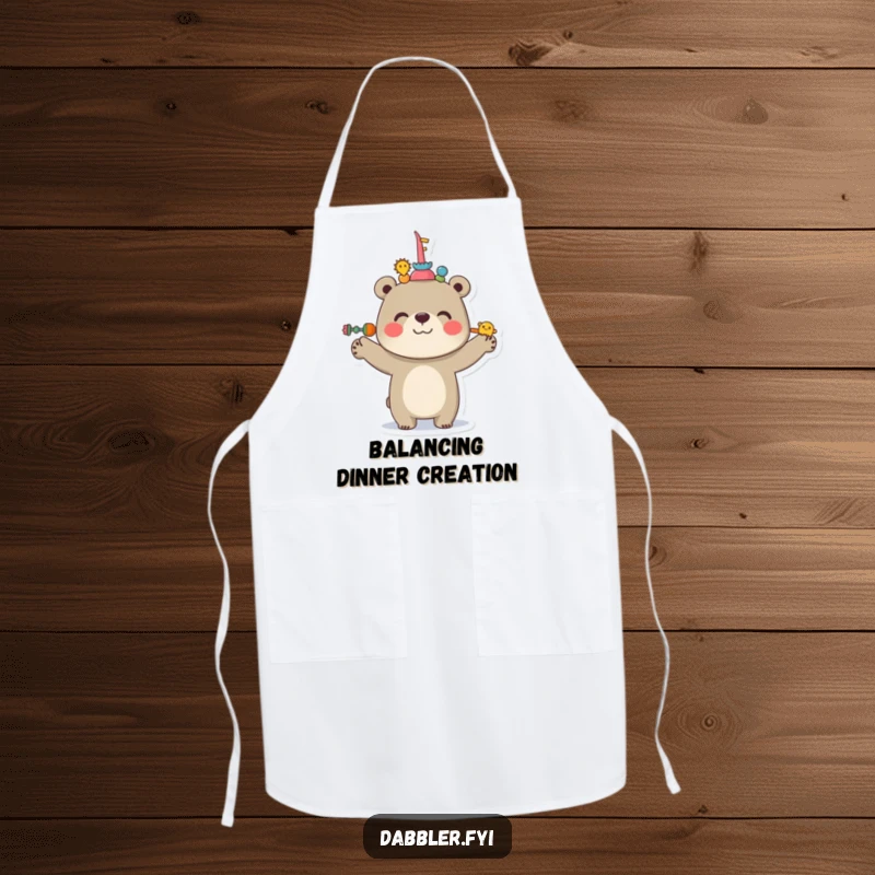Funny Bear Apron depicting a cheerful bear balancing various items on its nose, ideal for humorous cooking adventures.