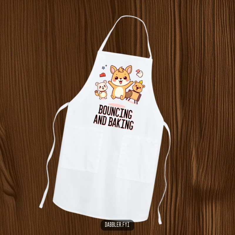Funny apron featuring a gleeful animal happily chopping vegetables and watering plants.