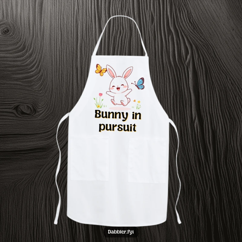 Funny apron featuring a joyful rabbit character eagerly pursuing a fluttering butterfly, designed for kitchen fun and protection.