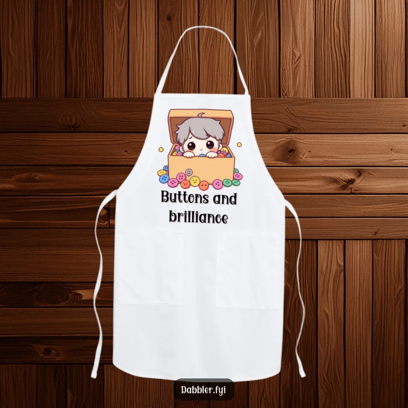 Funny apron design of a curious character peeking into a box filled with a colorful assortment of buttons, ideal for protecting clothes during crafts.