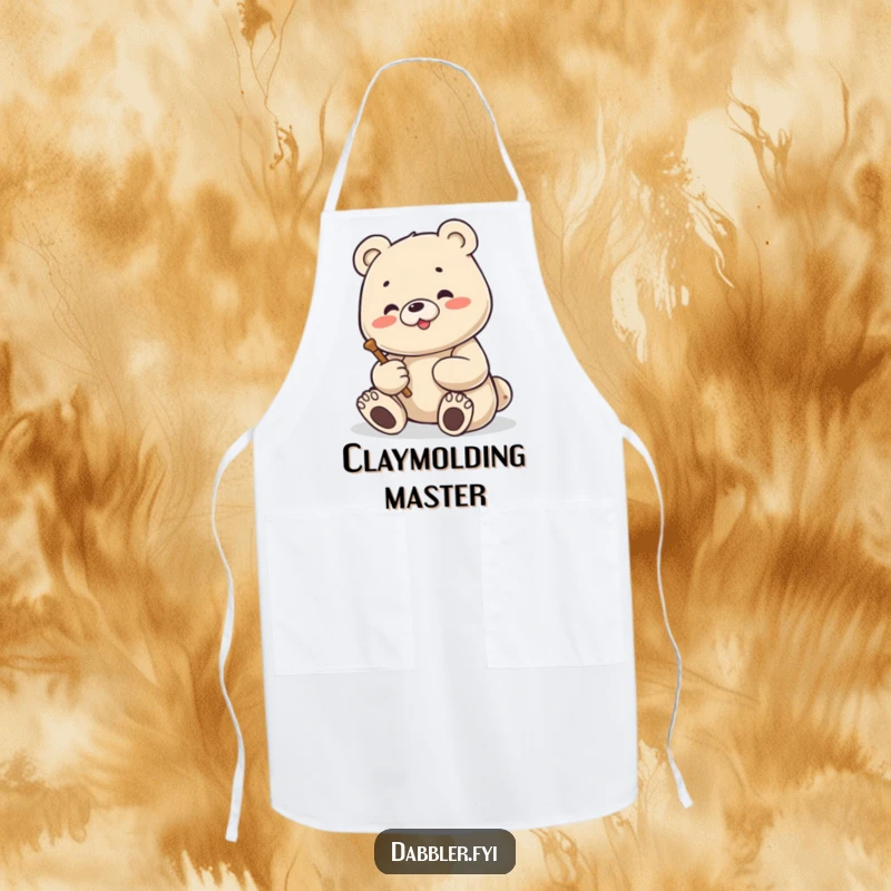 Funny Bear Apron: Content bear enthusiastically sculpting a small figure, adding humorous charm to artistic endeavors.