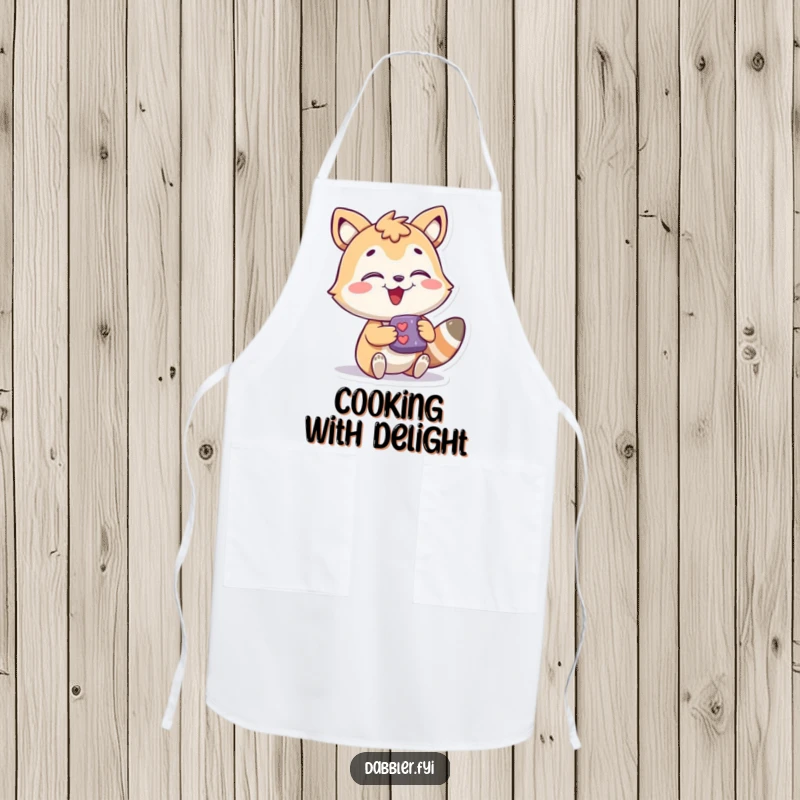Funny Chef Apron showing a joyous animal character excitedly interacting with a new and intriguing cooking object, a humorous kitchen essential.