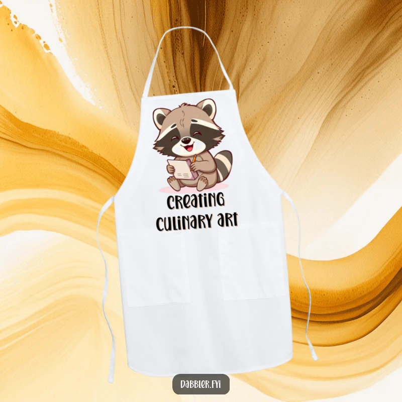 Funny Raccoon Apron: A gleeful raccoon character enthusiastically sketches in a notebook, adding humor to creative activities.