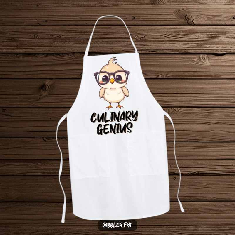 Funny Bird Apron depicting a bird comically wearing large glasses, designed for kitchen fun and protection.