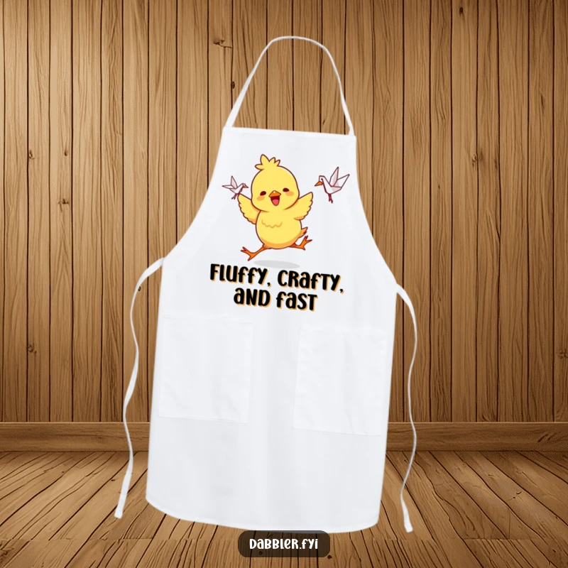 Funny Apron: A playful chick character dances joyfully, holding a small, intricate origami crane, a humorous and practical apron.