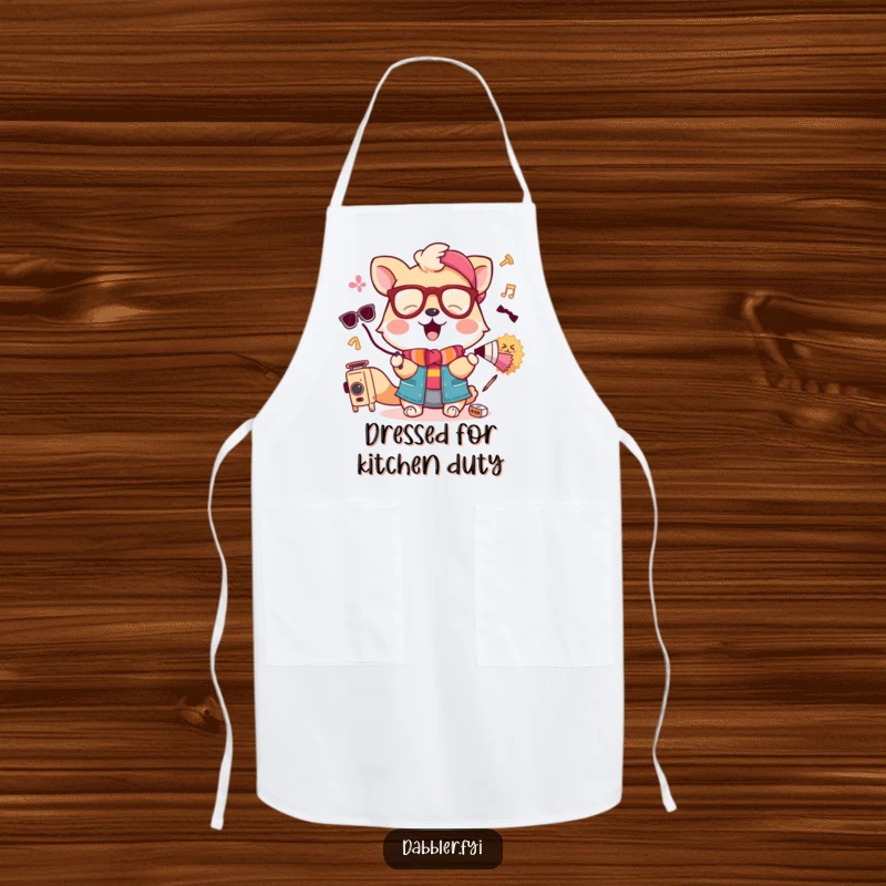 Funny apron with a happy animal attempting to wear a chef's hat and a pair of oven mitts.