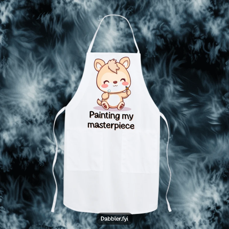 Funny art animal apron showing a cheerful animal enthusiastically painting a tiny polka dot, perfect for messy creative fun.