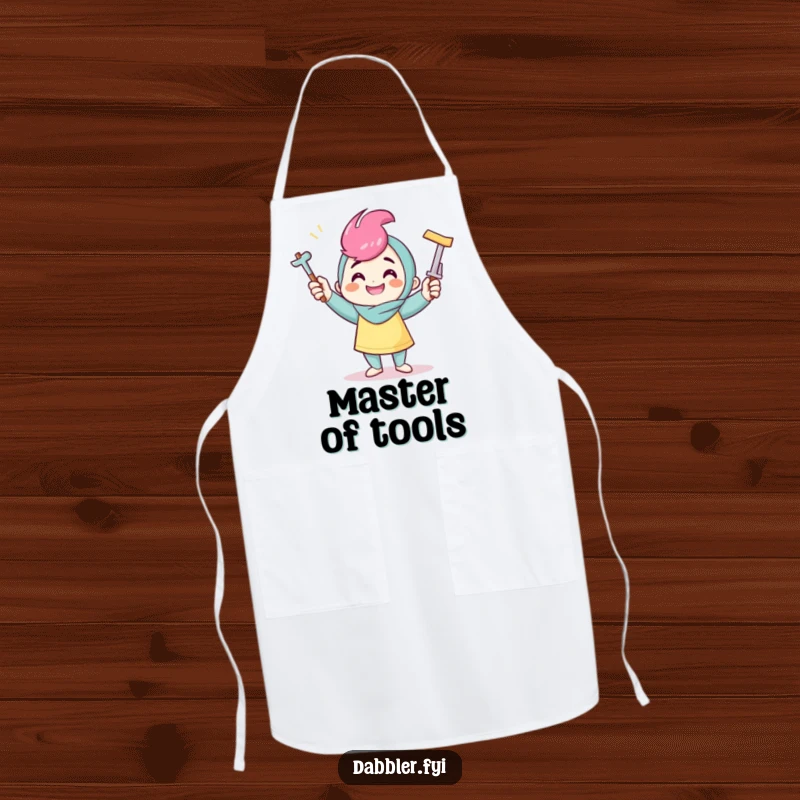 Funny crafter apron showing a smiling character juggling crafting tools, perfect for keeping clean during creative endeavors.