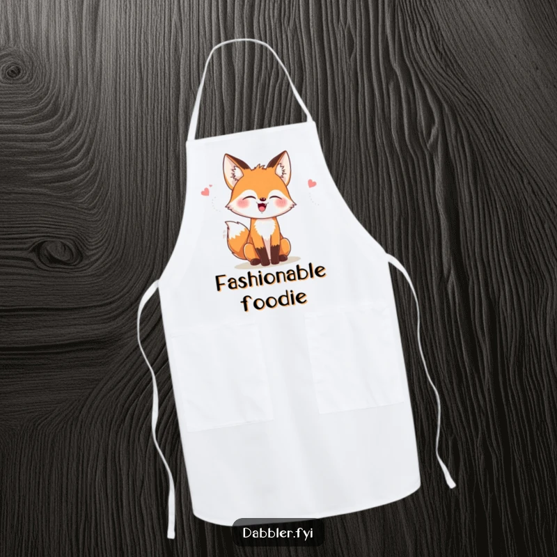 Funny apron featuring a giggling fox trying on stylish hats and accessories, perfect for cooking and a funny gift.