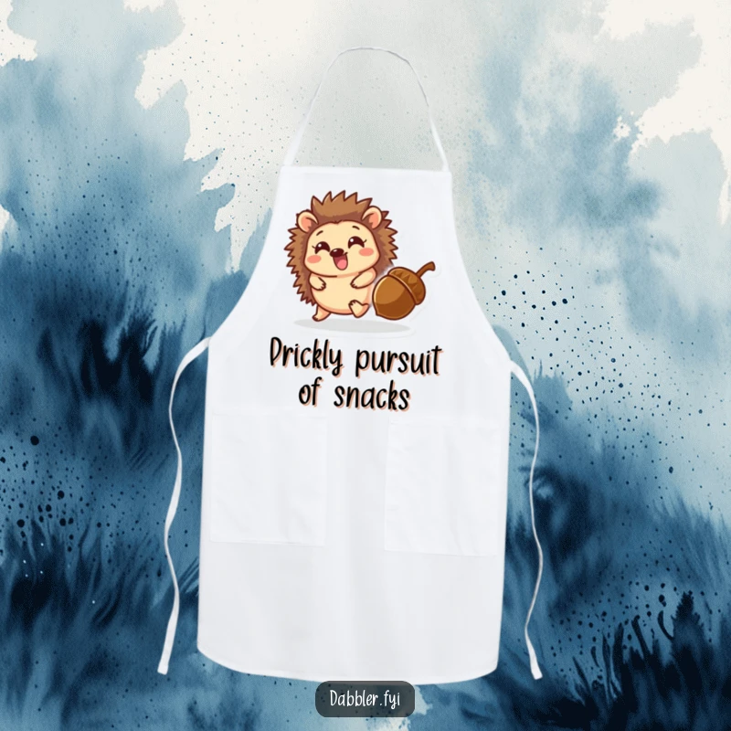Funny apron featuring a delighted hedgehog character playfully chasing a rolling acorn, perfect for kitchen fun and protection.