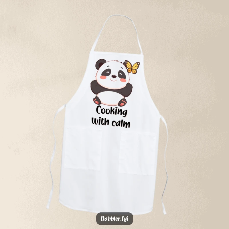 Funny chef apron showing a smiling panda observing a fluttering butterfly with fascination, perfect for gentle cooking.