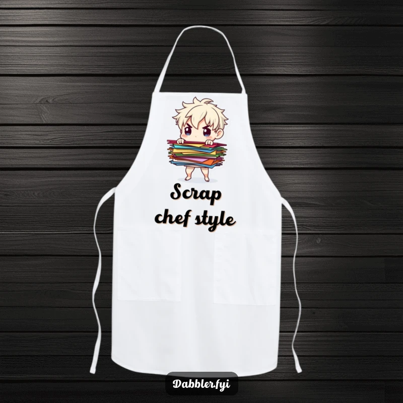 Funny paper balancer apron showing a determined character balancing colorful paper scraps, perfect for keeping clean during creative tasks.