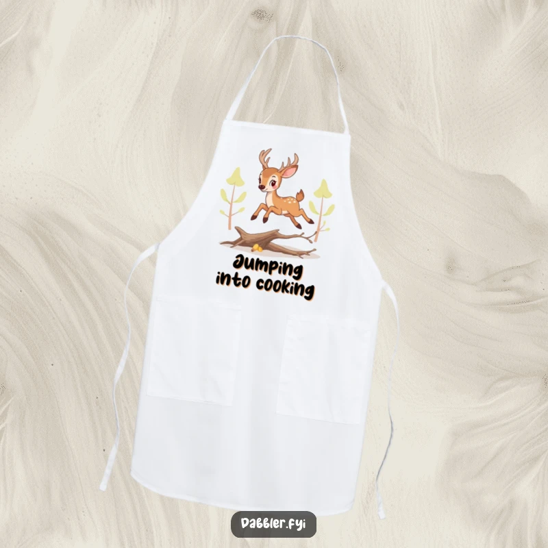 Funny perky deer apron, illustrated leaping over a tiny branch, ideal for kitchen fun and cooking.