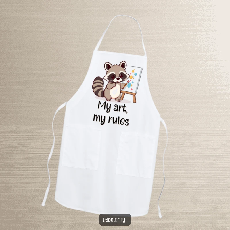 Funny Apron: A mischievous raccoon playfully dabs paint onto a canvas using its tail, perfect for messy art sessions and kitchen fun.