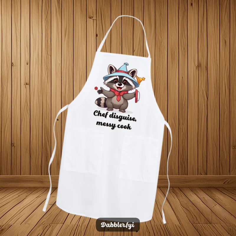 Funny raccoon disguise apron showing a playful raccoon wearing different hats, perfect for chefs who enjoy humorous kitchen wear and critter themes.