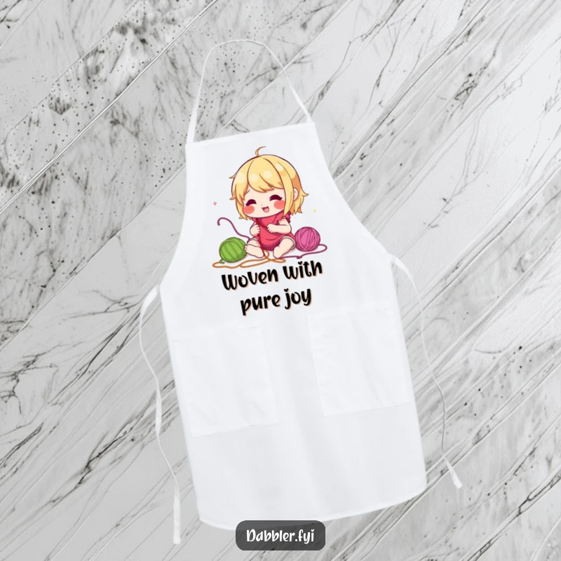 Funny apron design of a lively character enthusiastically experimenting with numerous colorful embroidery threads, ideal for protecting clothes during crafting.