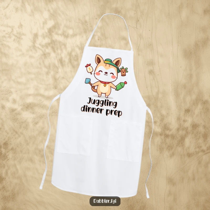 Funny Apron with a curious animal character smiling while juggling three quirky items, blending kitchen practicality with whimsical entertainment.
