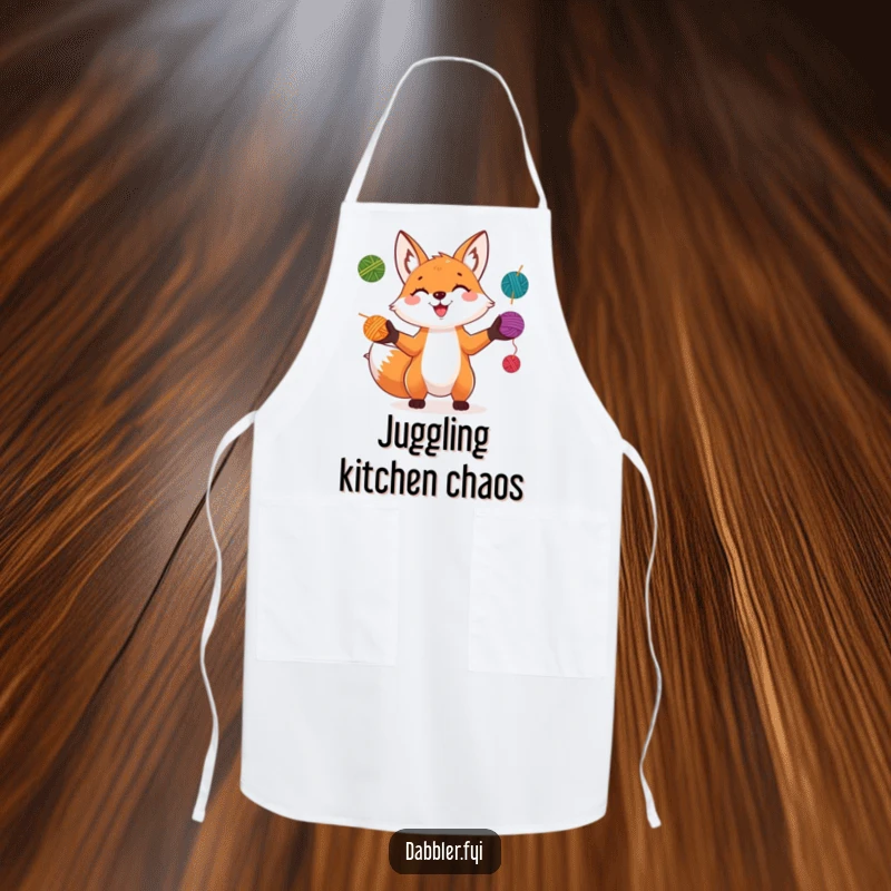 Funny Fox Apron: A playful fox grins while juggling colorful yarn balls, perfect for kitchen adventures and craft sessions.