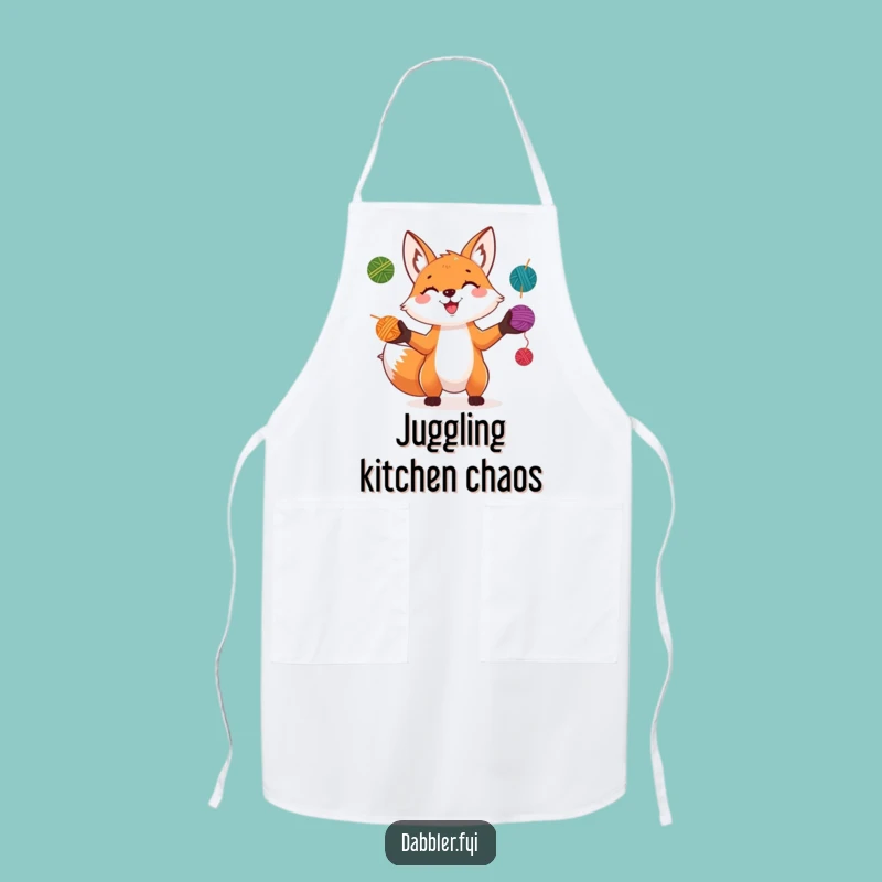 Funny Fox Juggler Apron: Playful Character Juggling Colorful Yarn Balls with a Grin