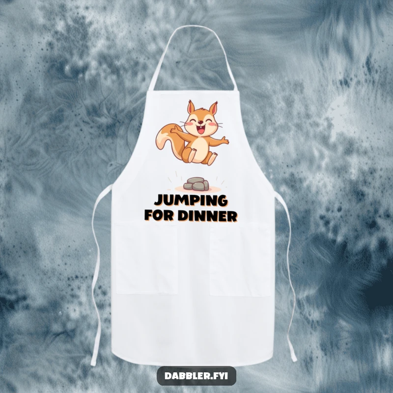 Funny chef apron showing a joyous squirrel leaping energetically over a tiny, imaginary obstacle, perfect for kitchen fun.