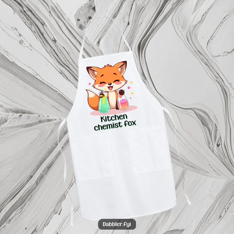 Funny fox apron, depicting a fox mixing colorful liquids, ideal for kitchen experiments.
