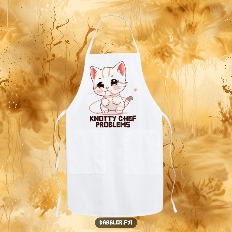 Funny apron with a happy kitten character humorously playing with a string that leads everywhere, ideal for a funny and functional kitchen accessory.