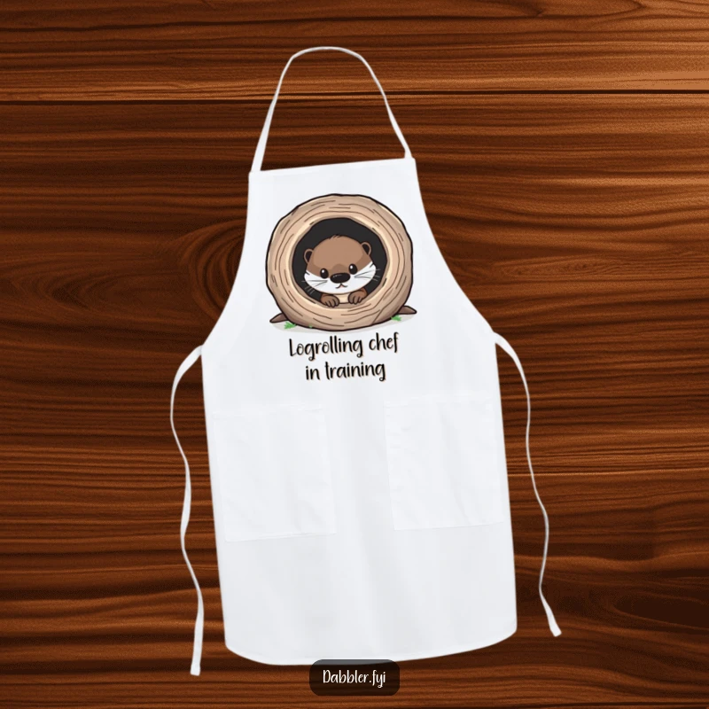 Funny Otter Apron depicting a curious otter peeking into a hollow log, ideal for a humorous kitchen experience.