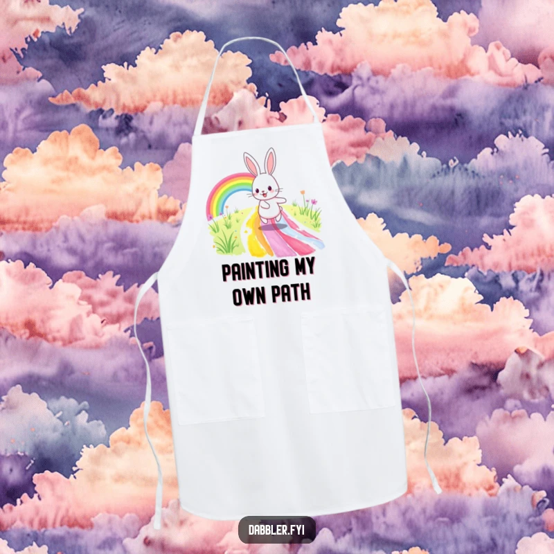 Funny Apron: A happy rabbit skips along a painted rainbow path, bringing artistic joy to the kitchen and cooking adventures.