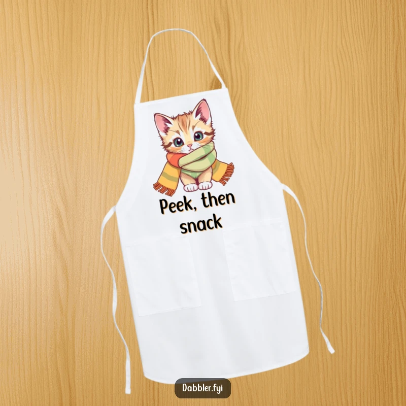 Funny apron with a curious kitten peeking from a scarf, perfect for cooking and a cute funny gift.