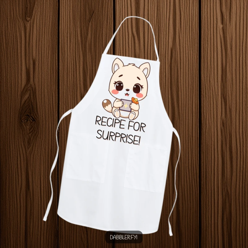 Funny Kitchen Apron with a surprised animal character discovering a delightful ingredient or tool, perfect for a humorous cook.