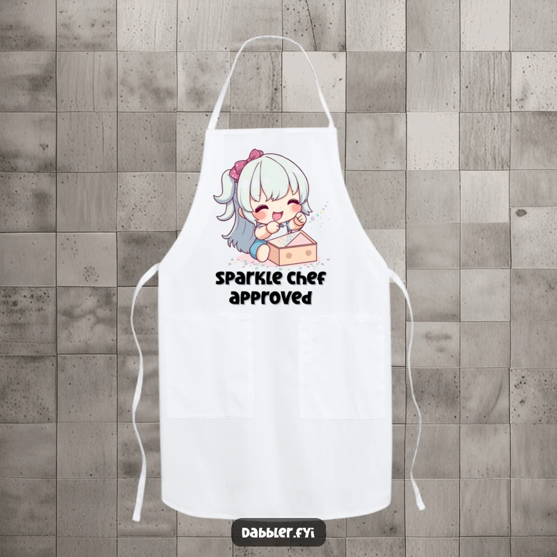Funny glitter sprinkler apron showing a happy character sprinkling glitter, perfect for keeping clean during creative tasks.
