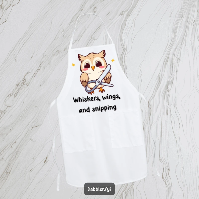 Funny Apron: A giggling owl character uses large scissors to snip colorful paper, a humorous protective garment for crafters.