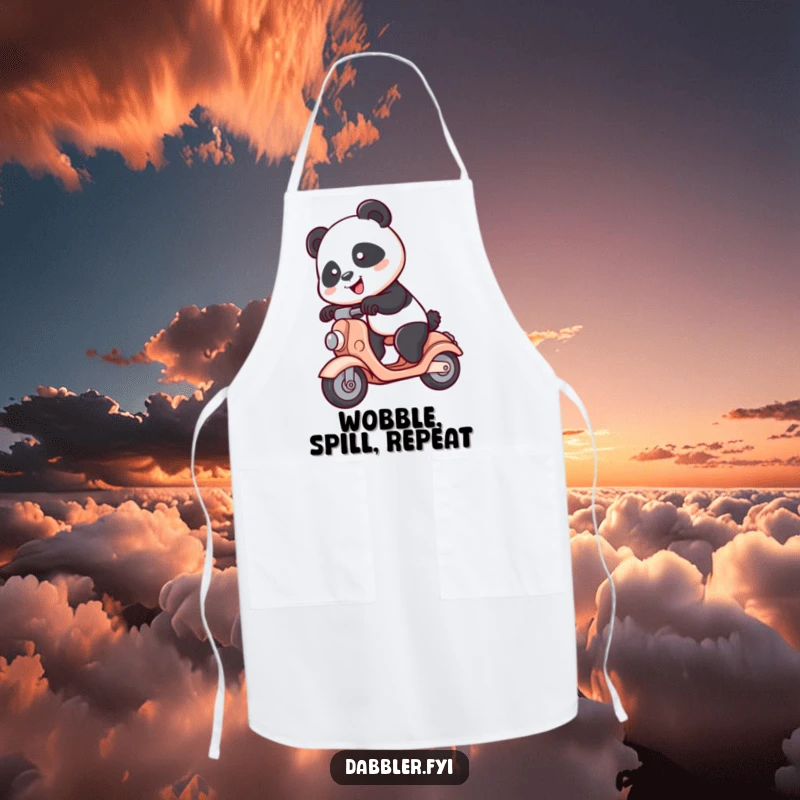 Funny Panda Apron: A spunky panda character comically rides a toy scooter while cooking, adding humor to meal prep.