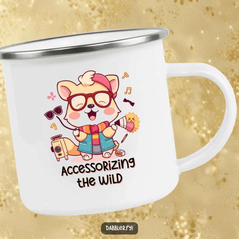 Funny camping mug showing a joyful animal hilariously trying to wear a tiny backpack and a pair of binoculars.