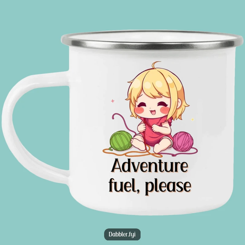 Funny Embroiderer Camping Mug: Lively Character Sewing Colorful Threads, Outdoor Funny Gift