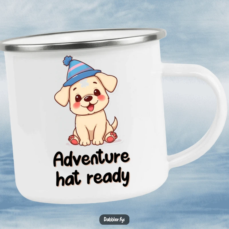 Funny camping mug with an excited puppy wearing a silly hat, perfect for adventures and a funny gift.