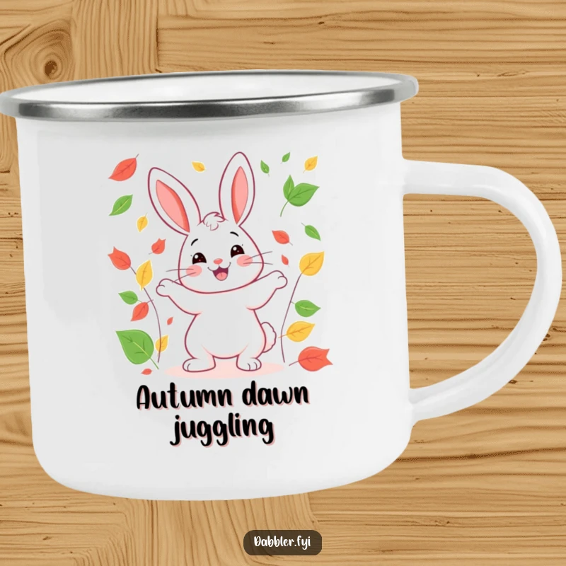 Funny rabbit camping mug showing a happy rabbit juggling colorful leaves, built for outdoor use and adding autumnal fun.