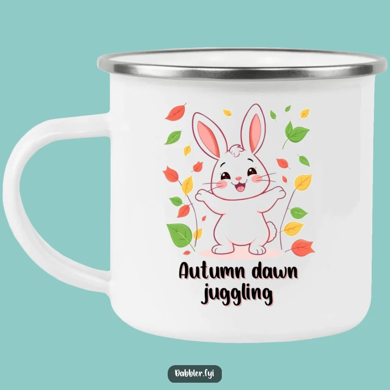 Funny Rabbit Camping Mug: Happy Juggling Leaves, Durable Funny Gift for Outdoors