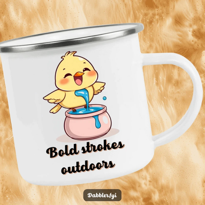 Funny Camping Mug: A joyful bird enthusiastically dips its beak into blue ink, ready for outdoor art and beverages.