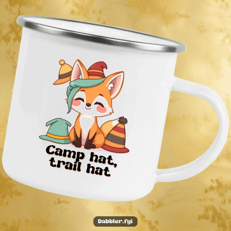 Funny Fox Camping Mug featuring a giggling fox trying on hats, perfect for outdoor enthusiasts who love humor.