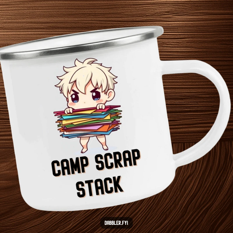 Funny paper balancer camping mug with a determined character balancing colorful paper scraps, perfect for organized outdoor enjoyment.