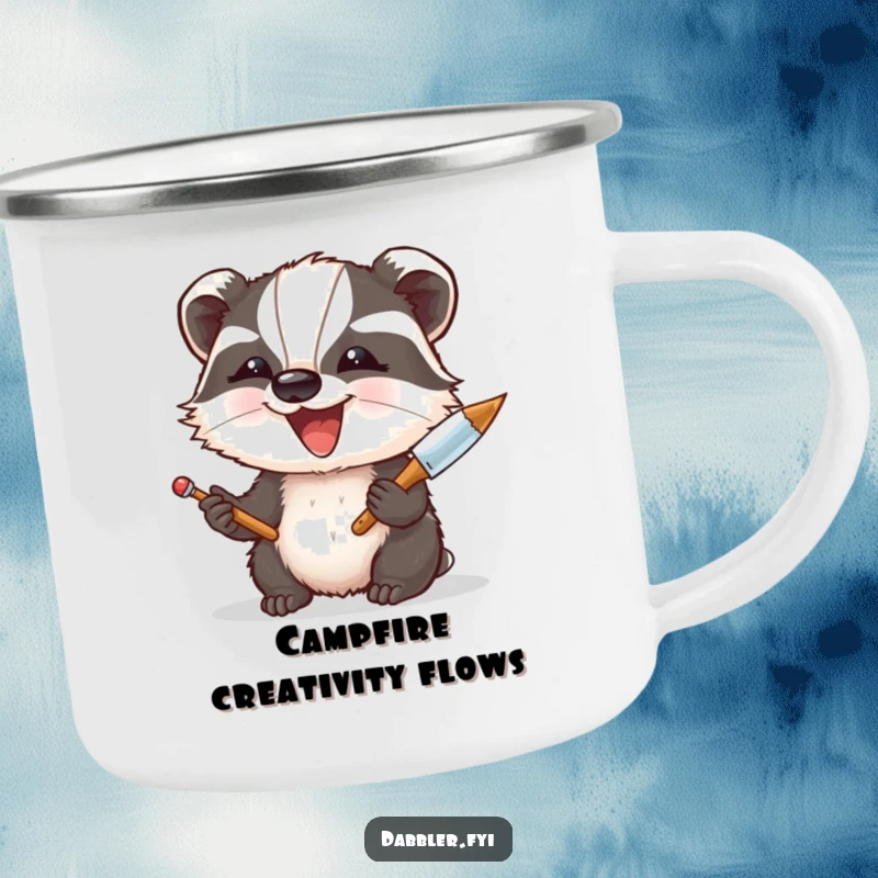 Funny Camping Mug: A delighted badger enthusiastically experiments with a palette knife, ready for outdoor art sessions and warm drinks.