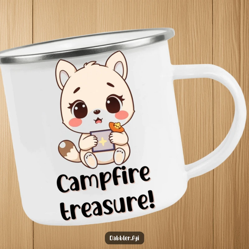 Funny Enamel Camping Mug featuring a surprised animal character discovering something delightful during an outdoor adventure, a rugged funny gift.