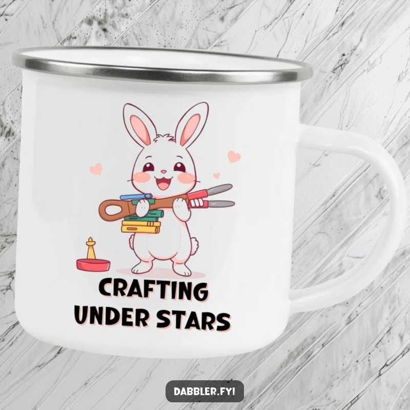 Funny Rabbit Camping Mug: A happy rabbit enthusiastically balances crafting tools, ideal for outdoor brews and crafting excursions.