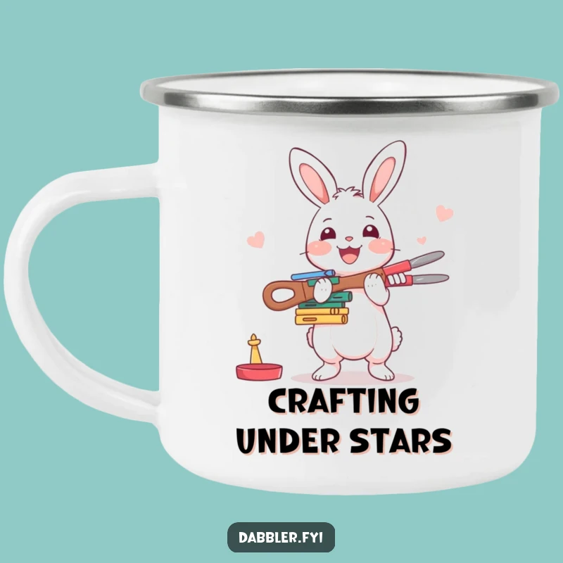 Funny Rabbit Crafter Camping Mug: Happy Character Balancing Crafting Tools with Enthusiasm
