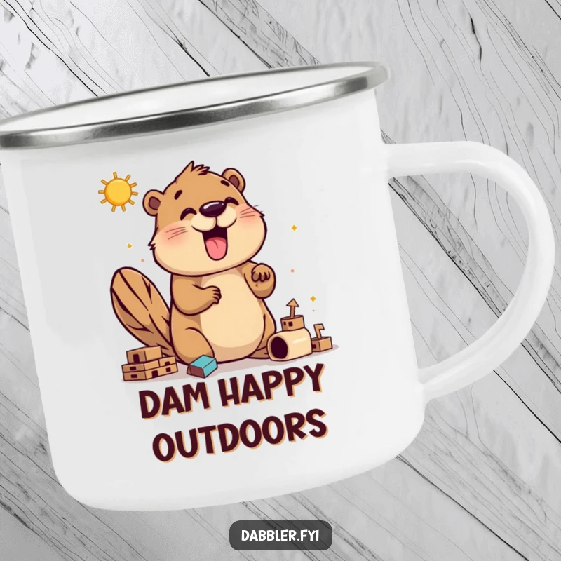 Funny beaver builder camping mug showing a happy beaver exploring construction techniques, perfect for enjoying drinks outdoors with a humorous DIY spirit.