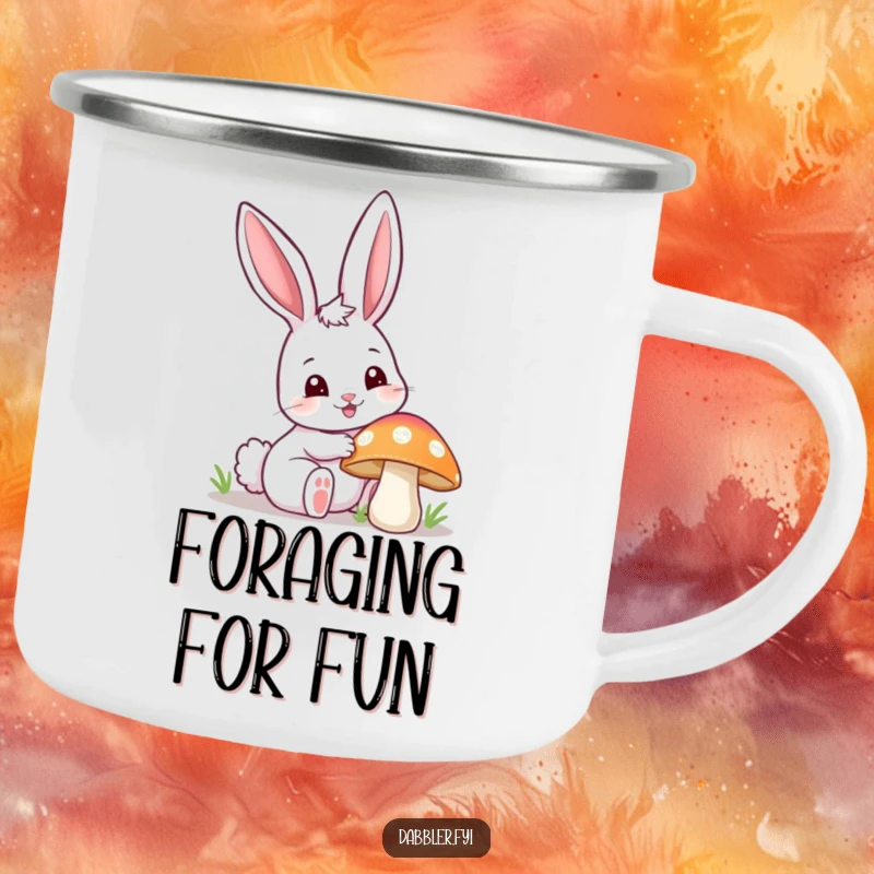 Funny happy bunny camping mug, curiously poking a colorful mushroom with one ear up, durable and humorous for outdoor explorations.