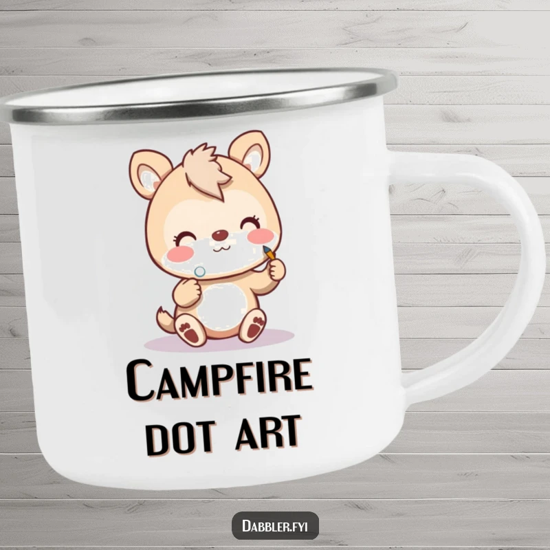 Funny art animal camping mug with a cheerful animal painting a tiny polka dot, perfect for artistic outdoor enjoyment.
