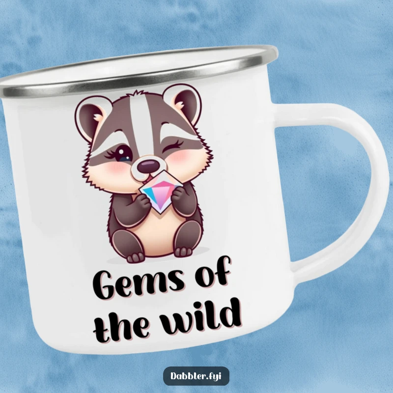 Funny enamel camping mug showing a surprised badger winking while holding a sparkly gem, for outdoor adventures.