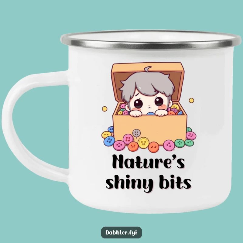Funny Button Camping Mug: Curious Character Peeking into Buttons, Outdoor Funny Gift